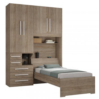 Quarto Completo de Solteiro com Cama e Guarda-Roupa 1225E Castanho